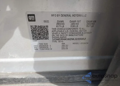 2021 Chevrolet Traverse Fwd Lt Leather z USA, uszkodzony, nr VIN 1GNERHKW2MJ220002